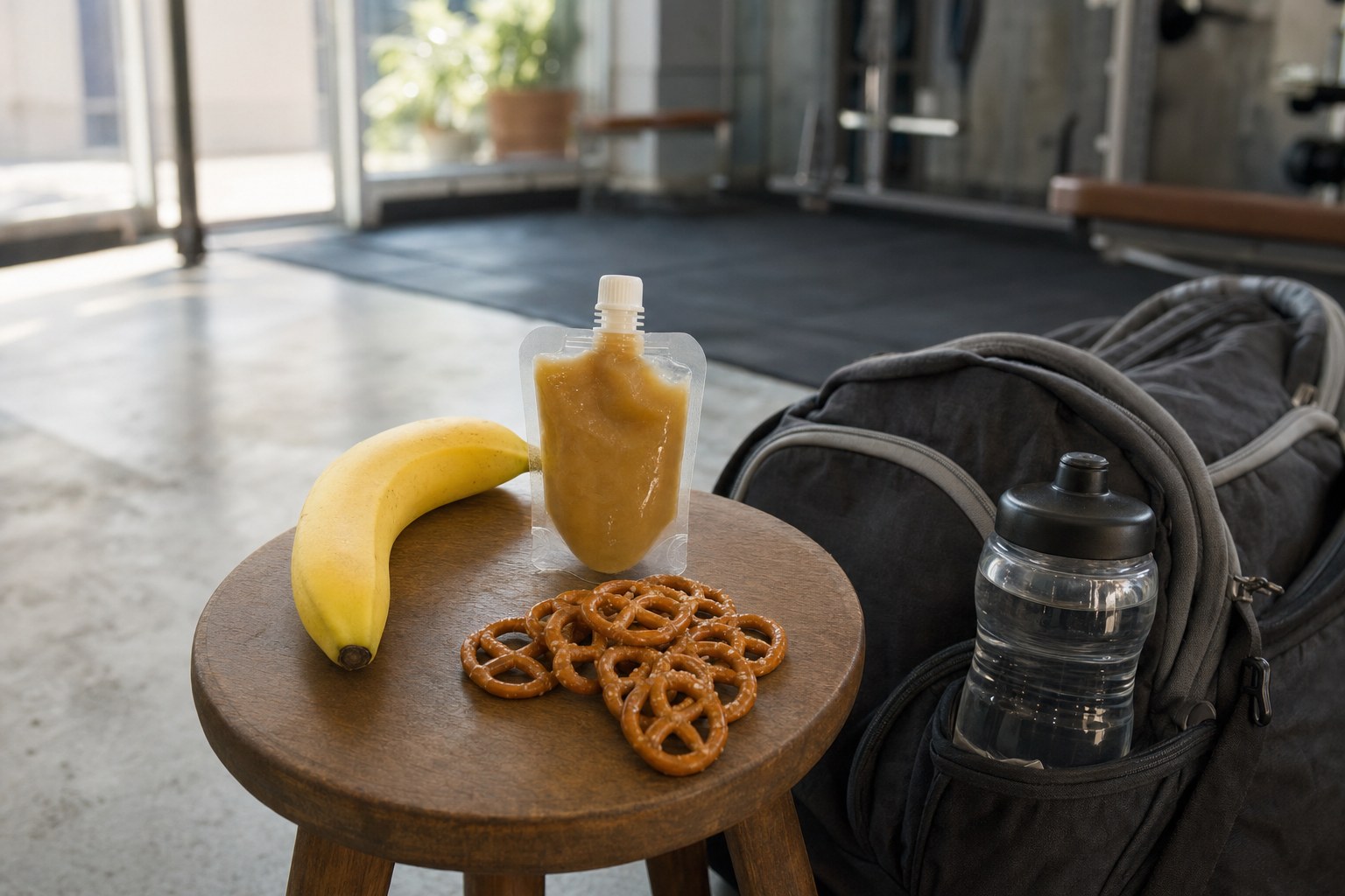 Banana, applesauce and pretzels beside a gym bag and water bottle