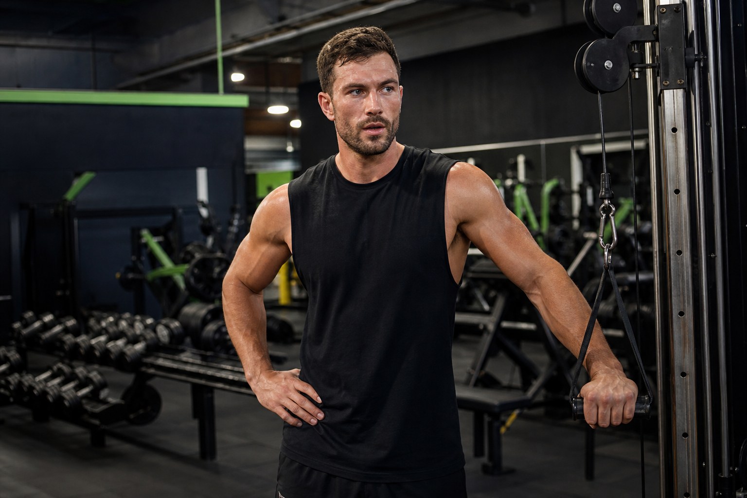 Lifter resting between cable sets in a strength gym