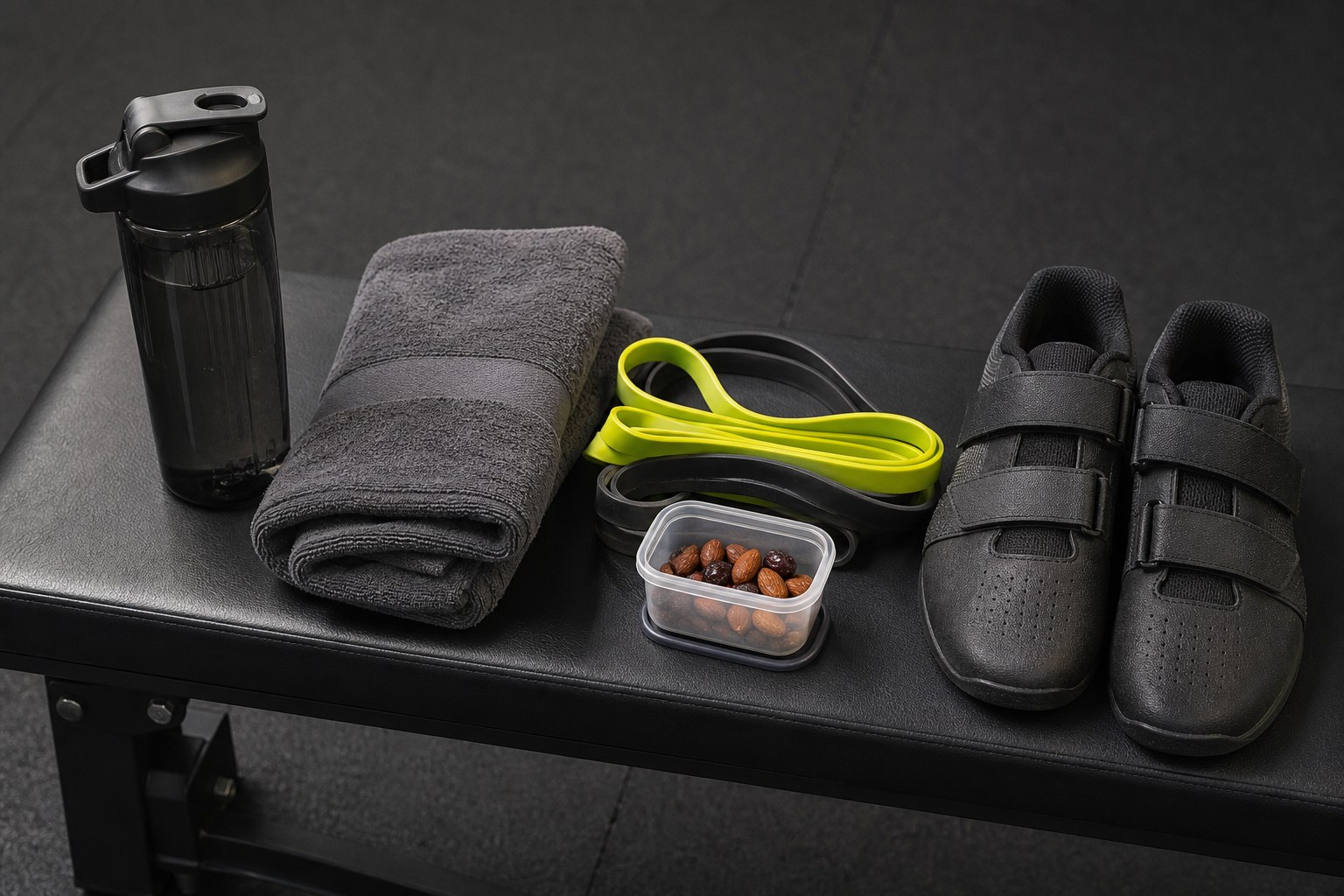 Water bottle, towel, resistance bands, lifting shoes and a snack arranged on a gym bench
