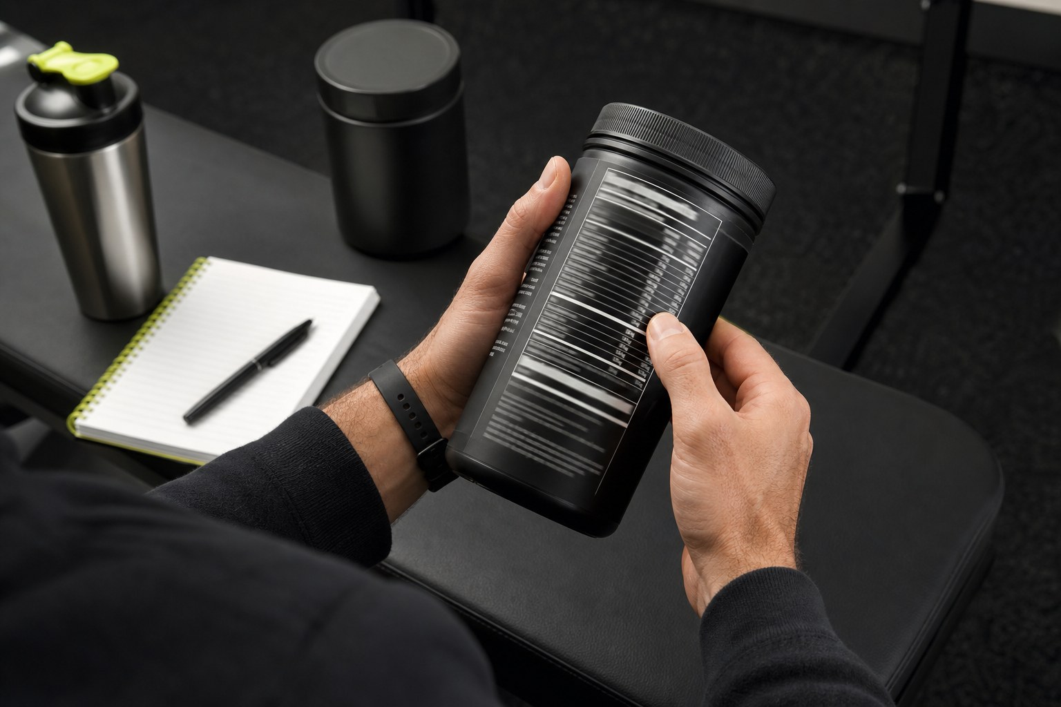 Person reading the information panel on an unbranded supplement container beside a shaker and notebook