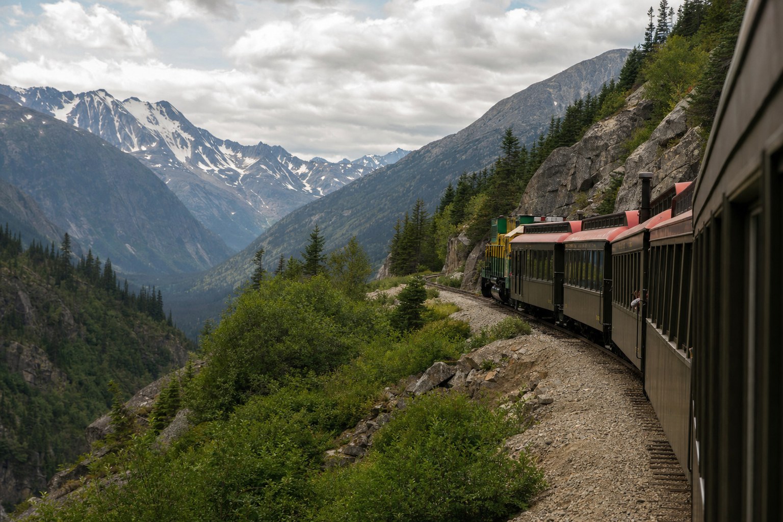 Historic scenic train traveling through an alpine mountain valley near Skagway