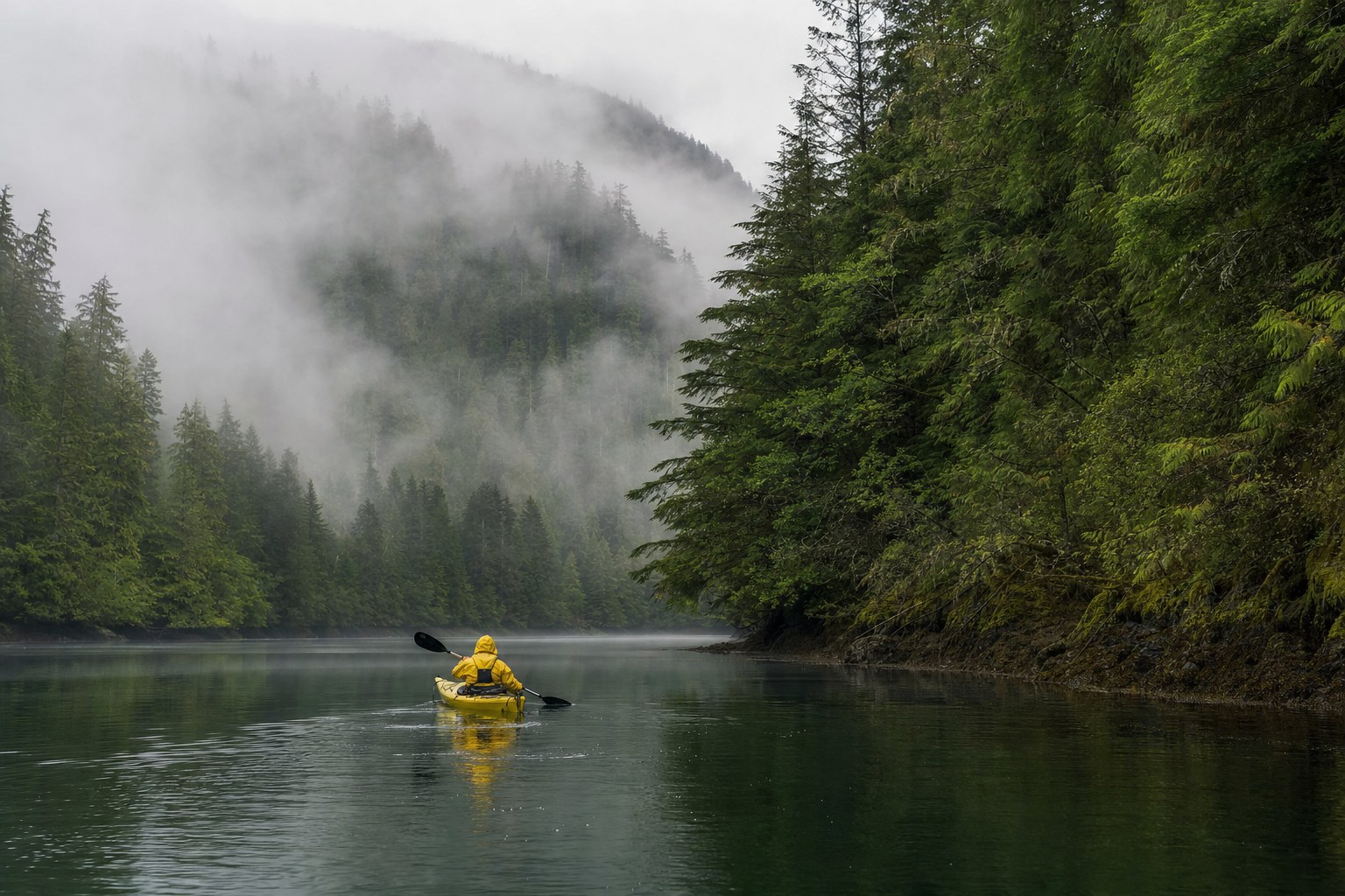 Kayaker paddling through a misty rainforest inlet near Ketchikan