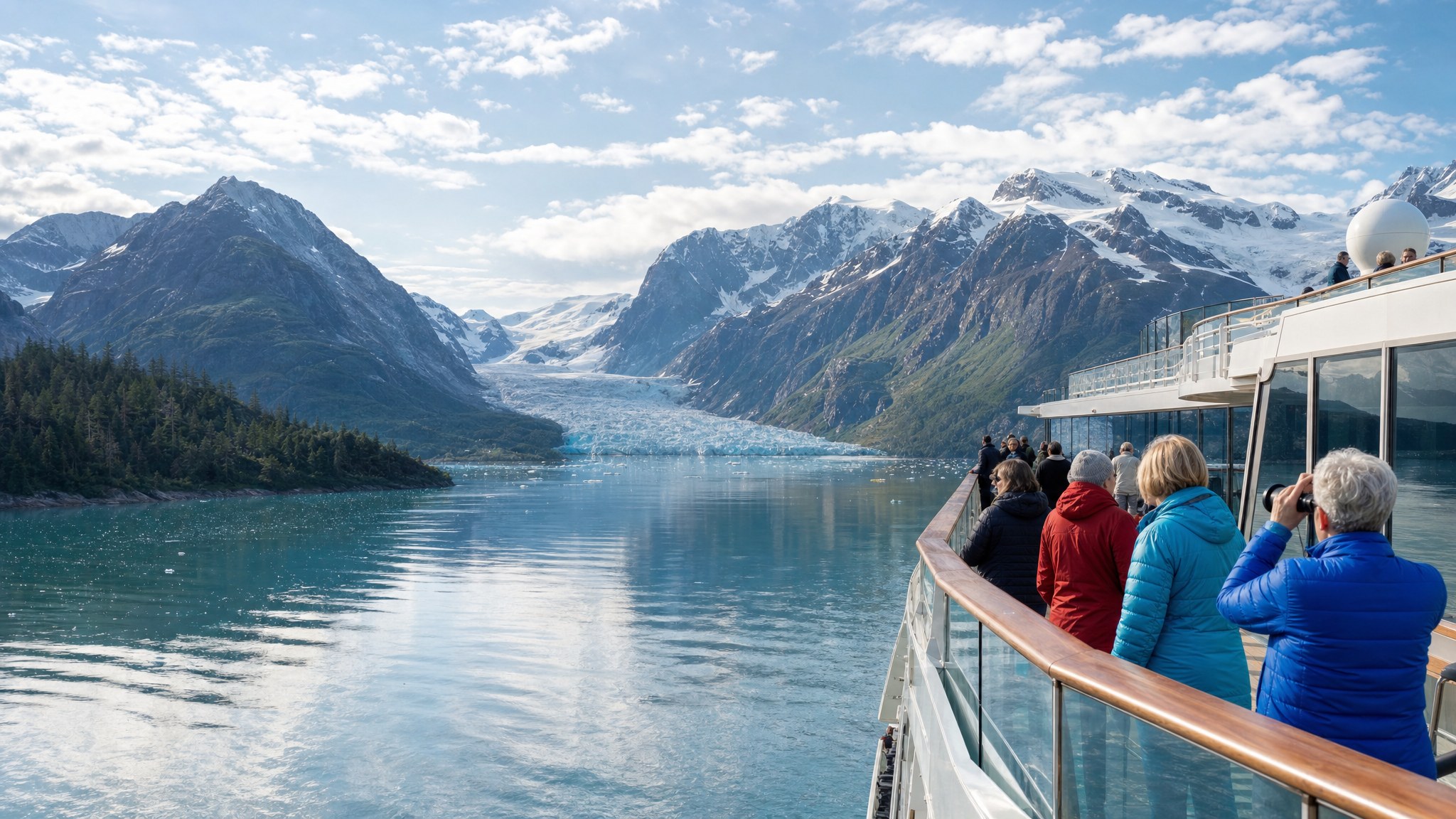 Cruise ship sailing through an Alaska fjord beneath snow-covered mountains