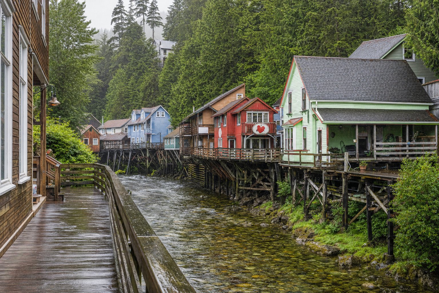Rain-fresh boardwalk and historic stilt buildings beside a Ketchikan creek