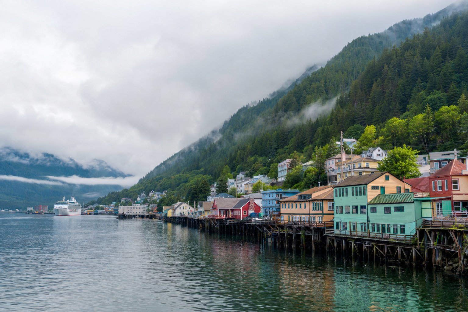 Ketchikan waterfront and cruise ship beneath misty forested mountains