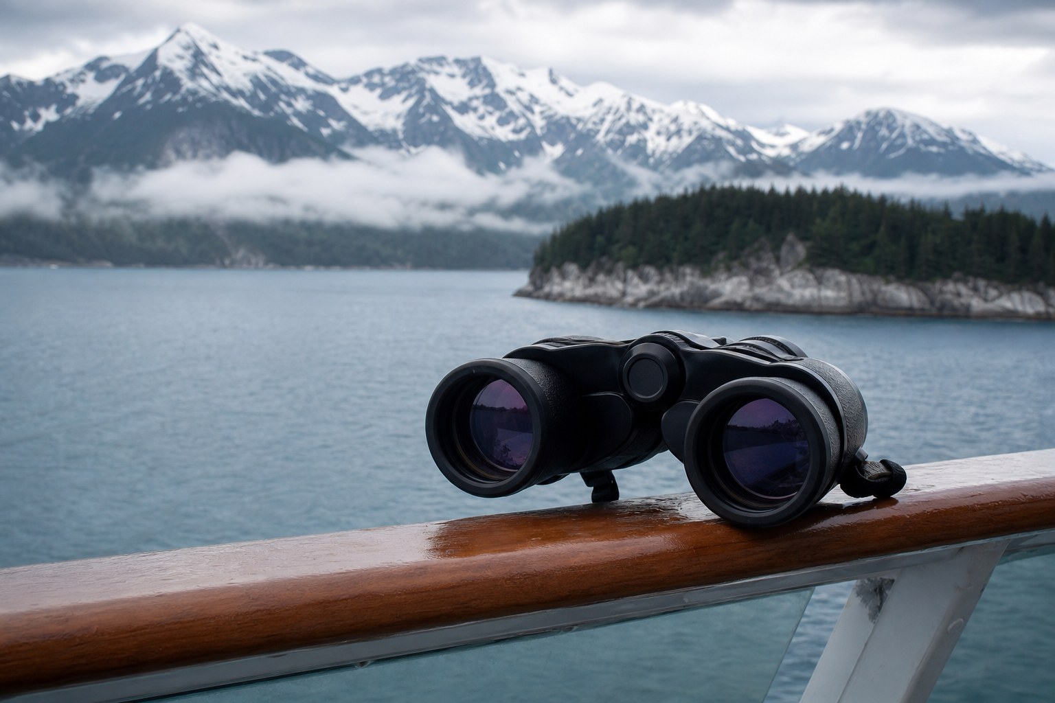 Binoculars on a cruise ship rail overlooking an Alaska mountain shoreline