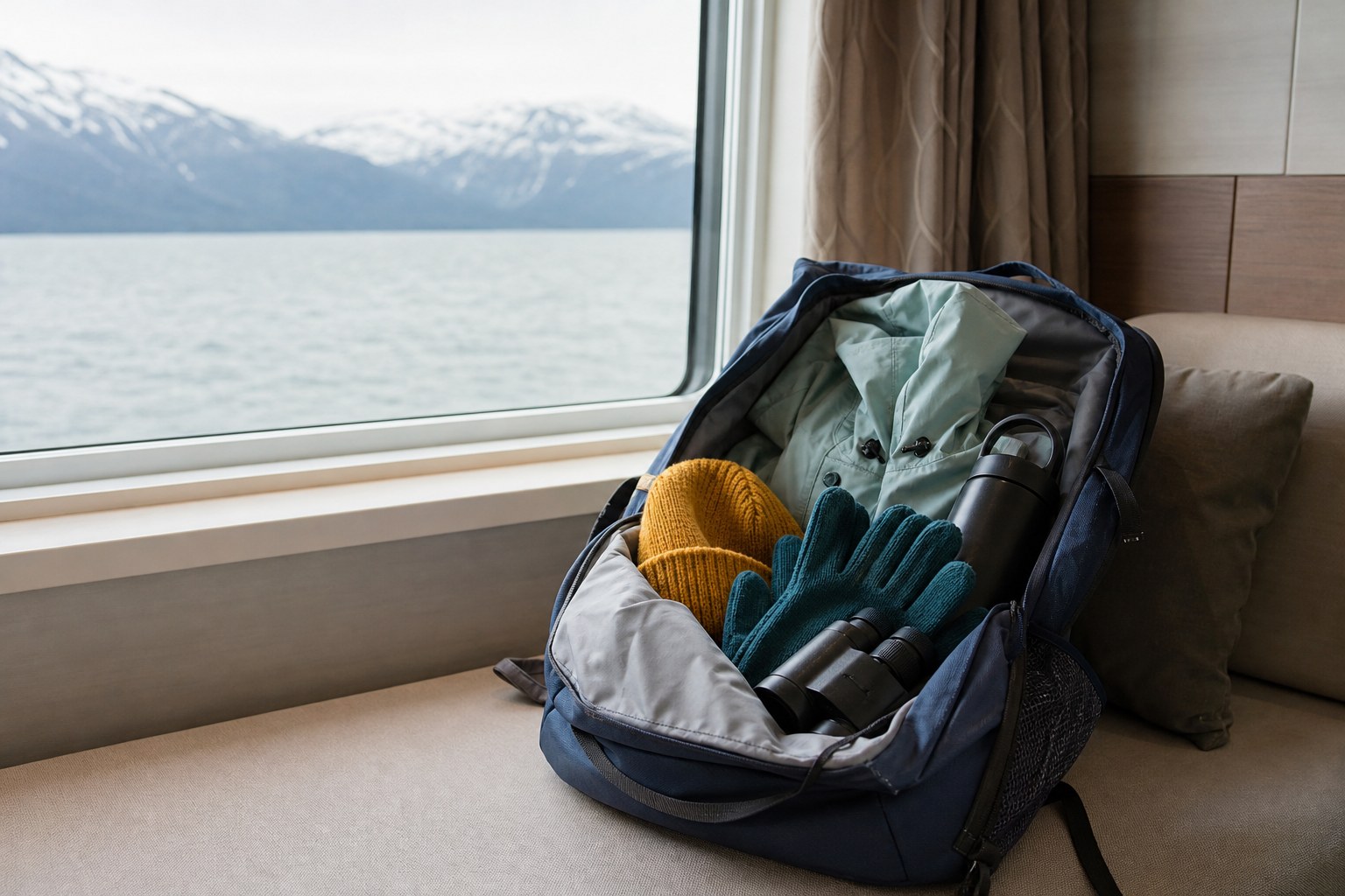 Open daypack with a waterproof jacket, hat, gloves and binoculars beside a cruise cabin window