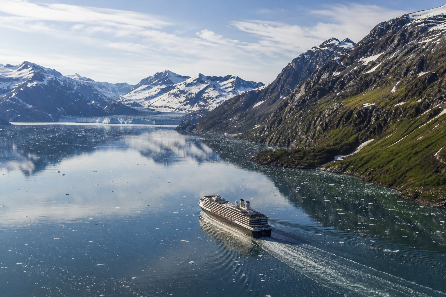 Cruise ship sailing through an Alaska fjord toward a glacier