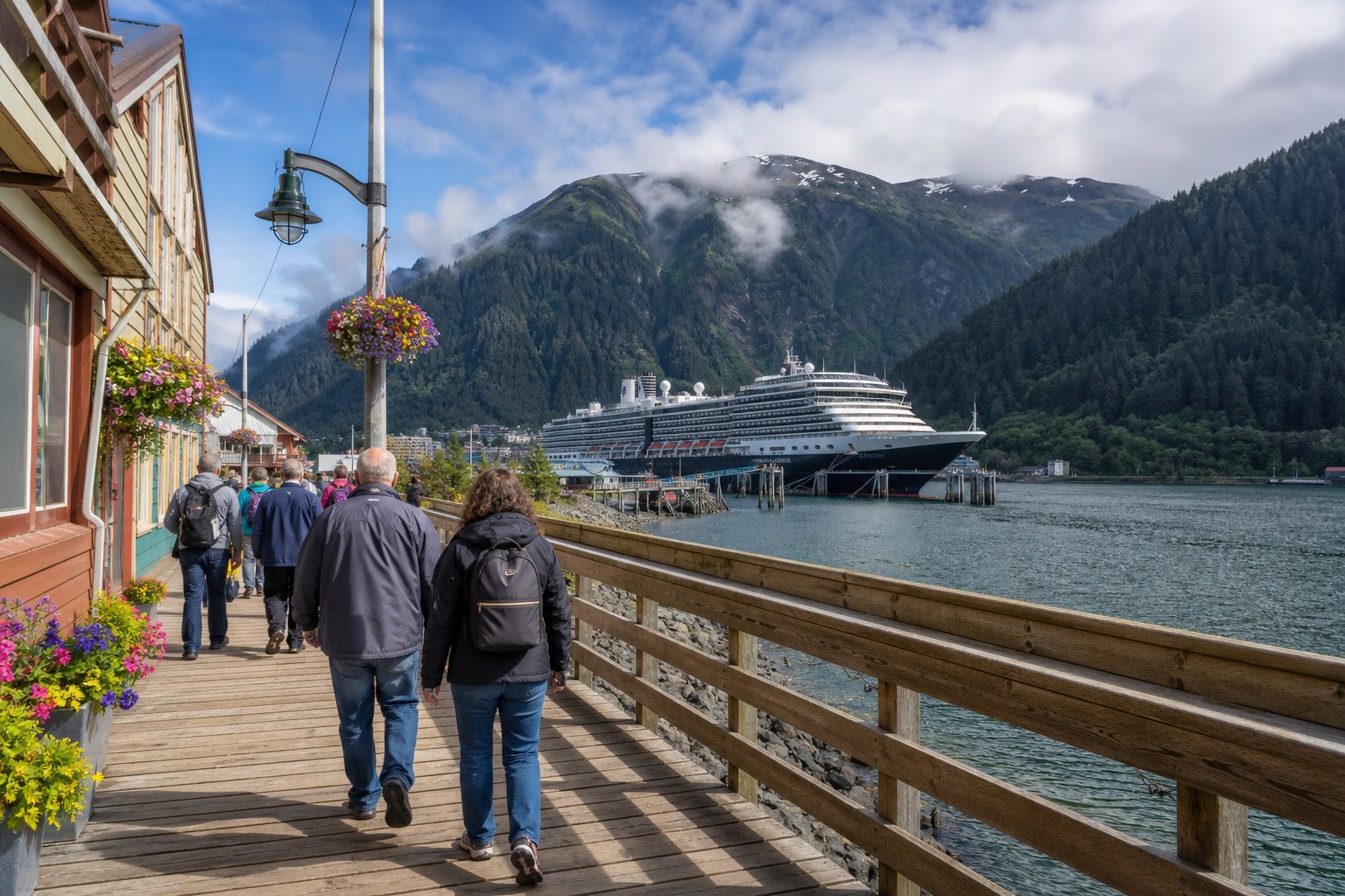 Travelers walking a waterfront boardwalk in an Alaska cruise port