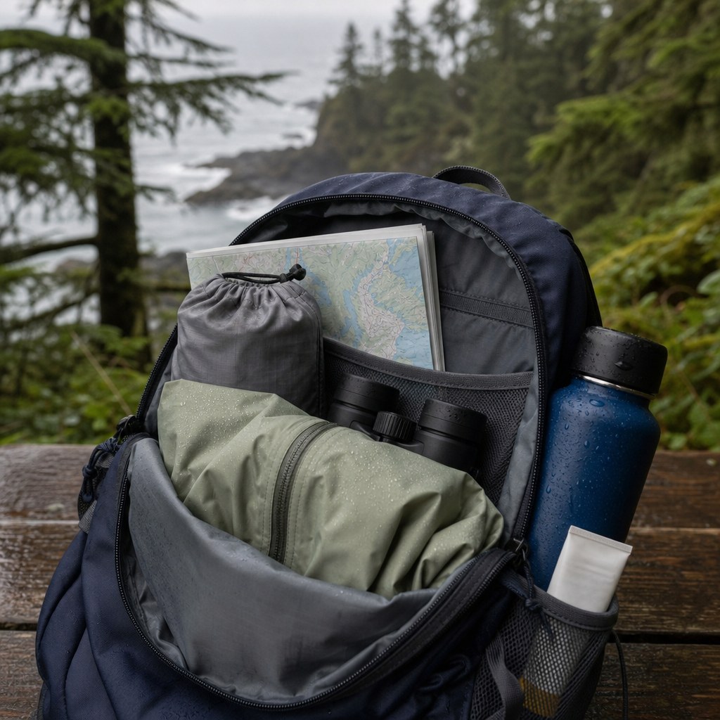 Open daypack prepared for a wet shore excursion