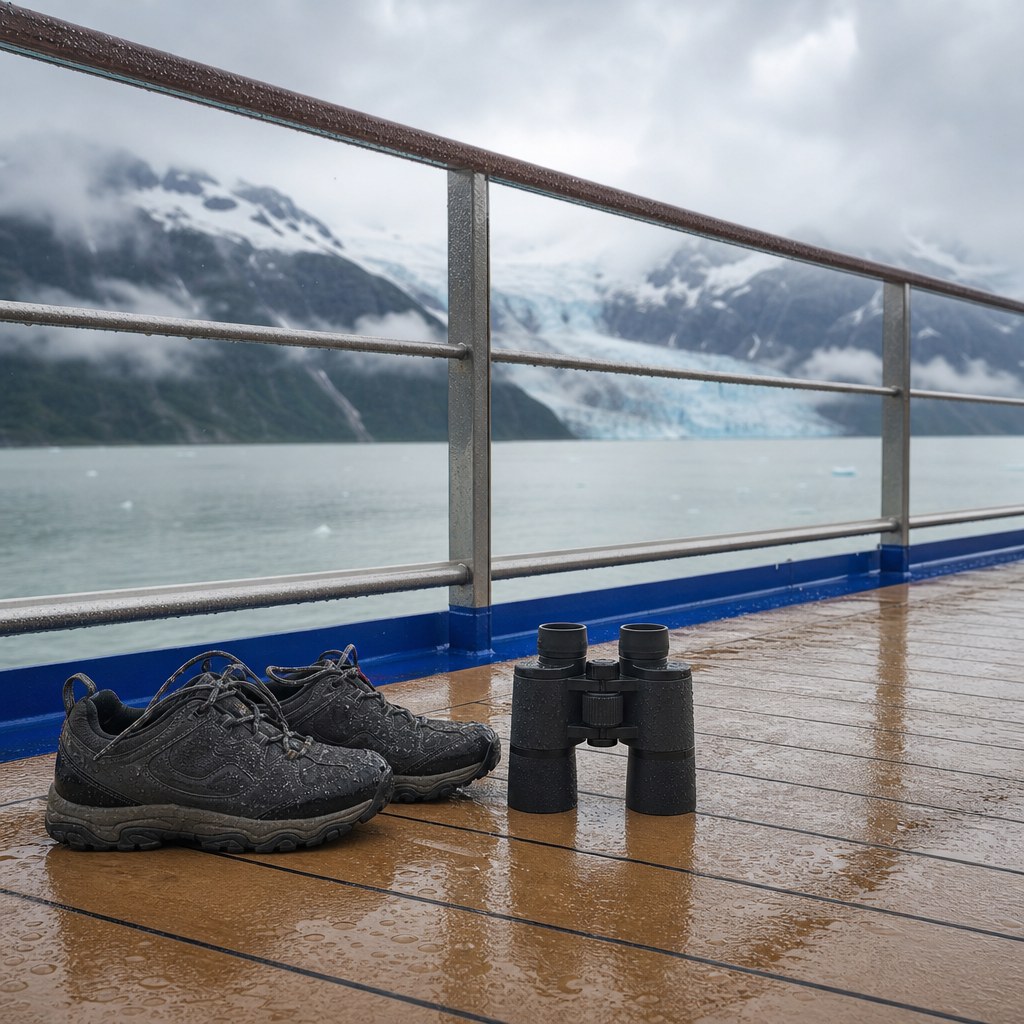 Cruise ship observation deck facing misty Alaska mountains