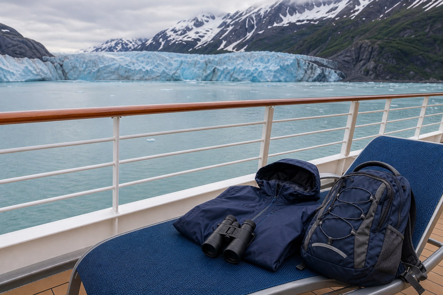 Alaska glacier viewed from a cruise ship deck with travel gear
