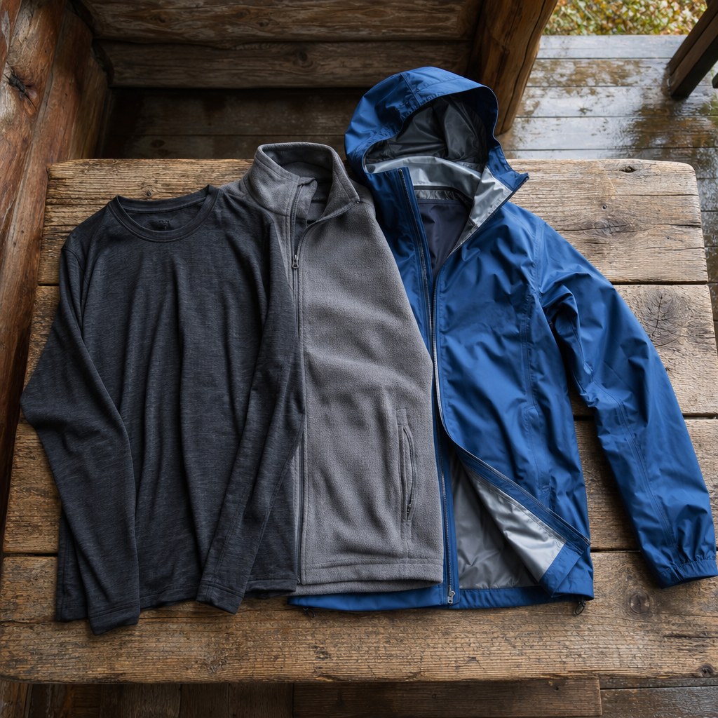 Base, fleece and waterproof shell arranged for travel