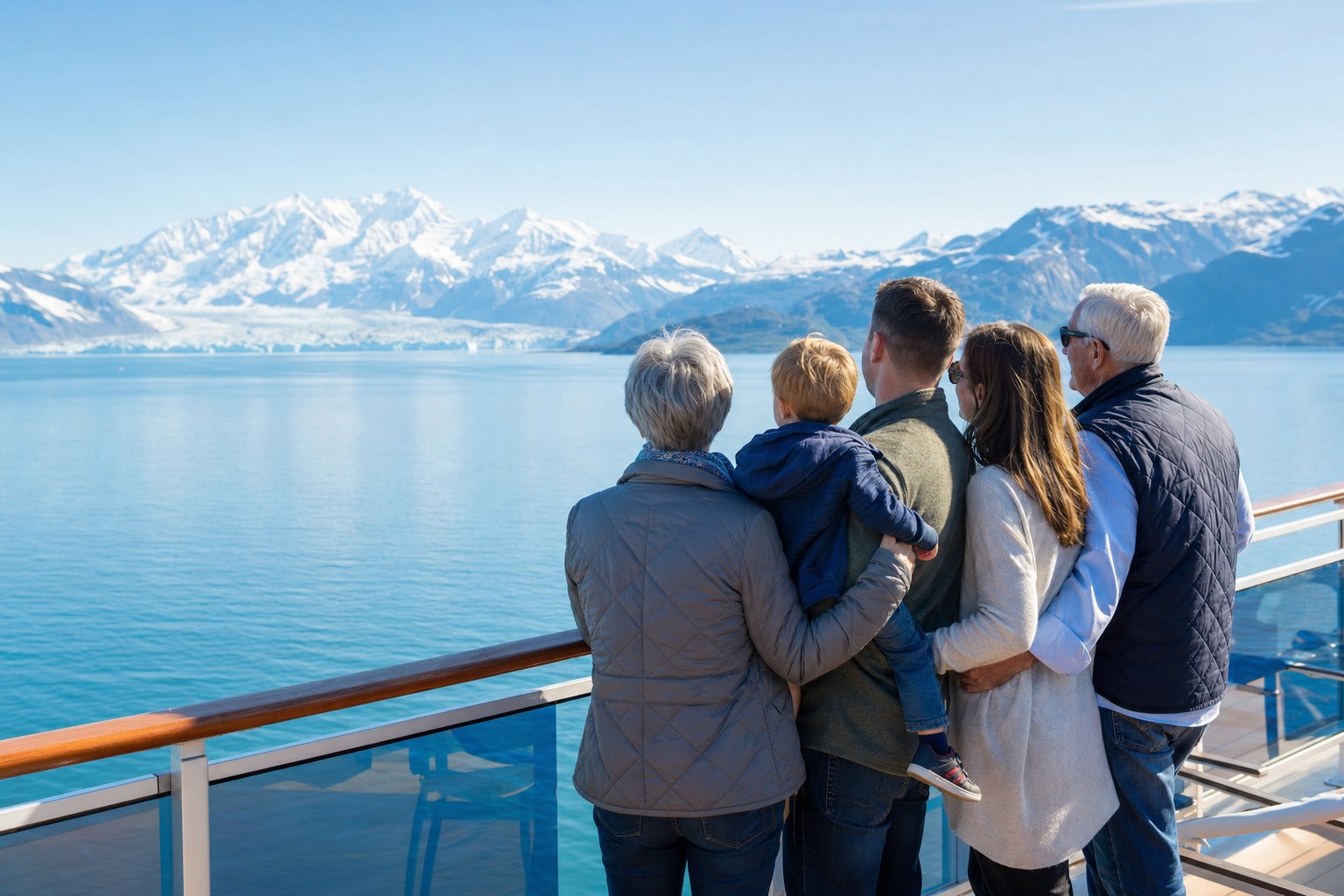 Multigenerational family viewing Alaska mountains from a cruise ship deck