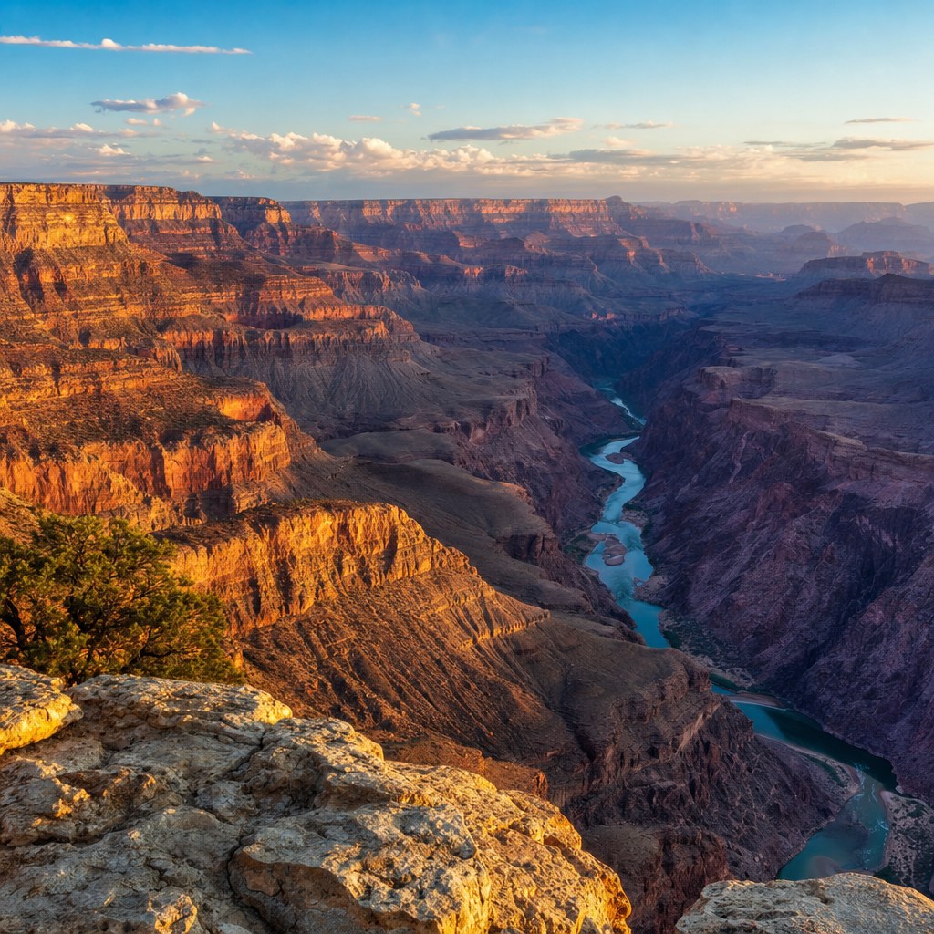 Grand Canyon cliffs and Colorado River at sunset