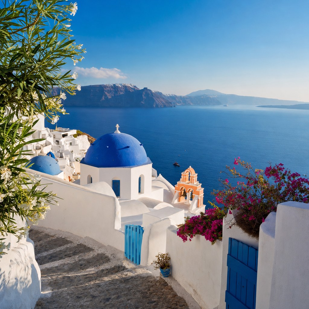 Whitewashed Greek island village overlooking the Aegean Sea