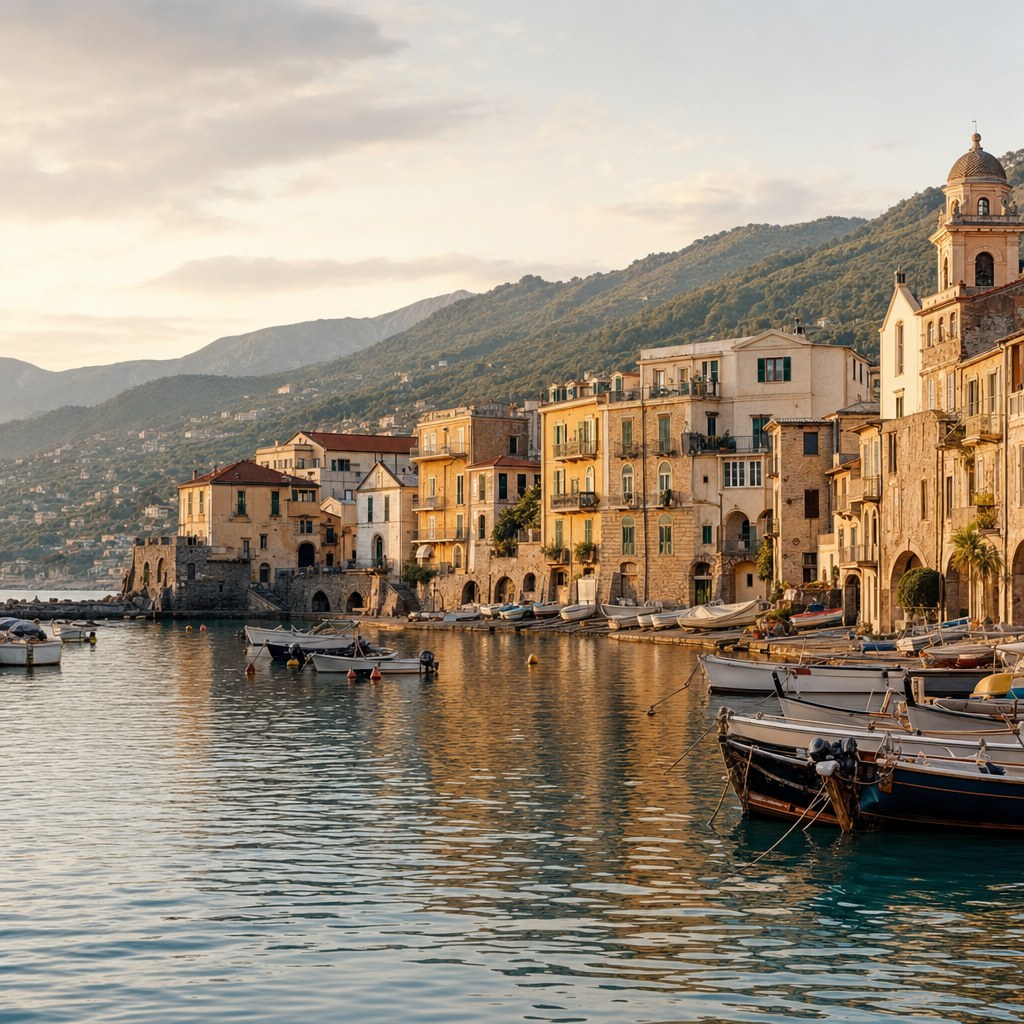 Italian coastal town and harbor at golden hour