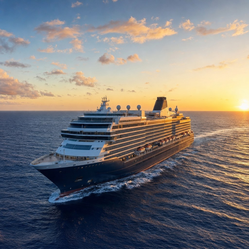 Ocean cruise ship sailing at sunset