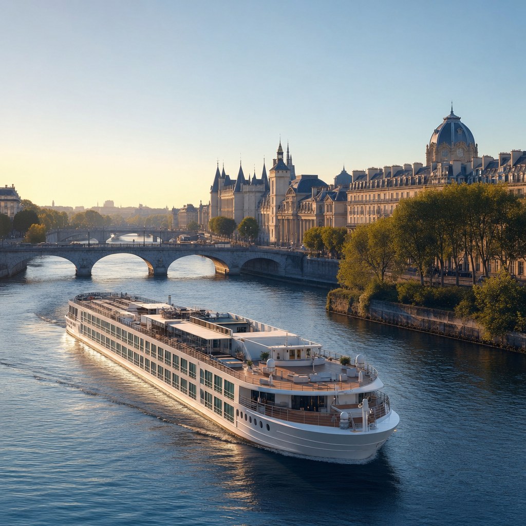 River cruise ship sailing through a European city