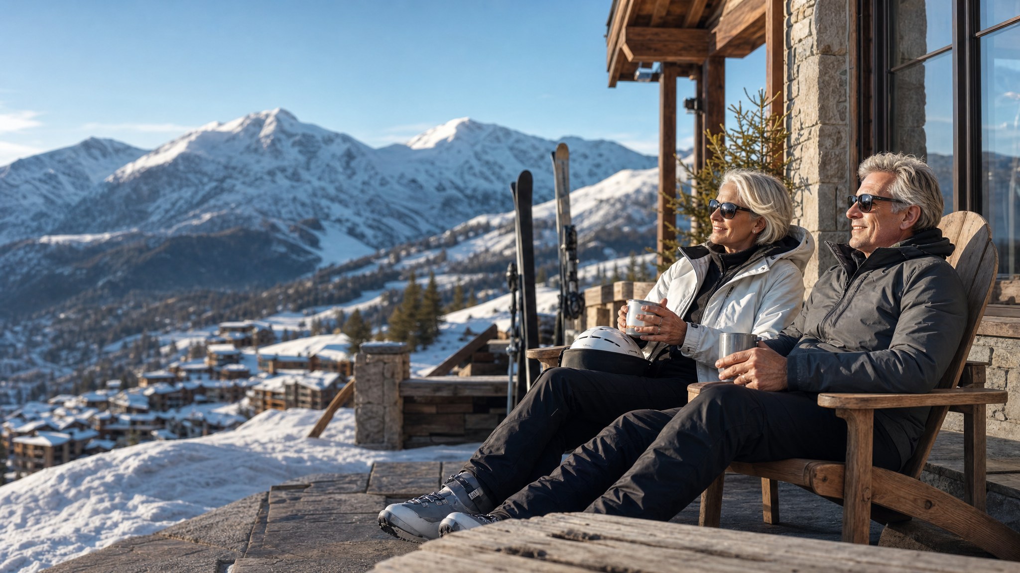 Mature couple relaxing outside an alpine lodge after skiing