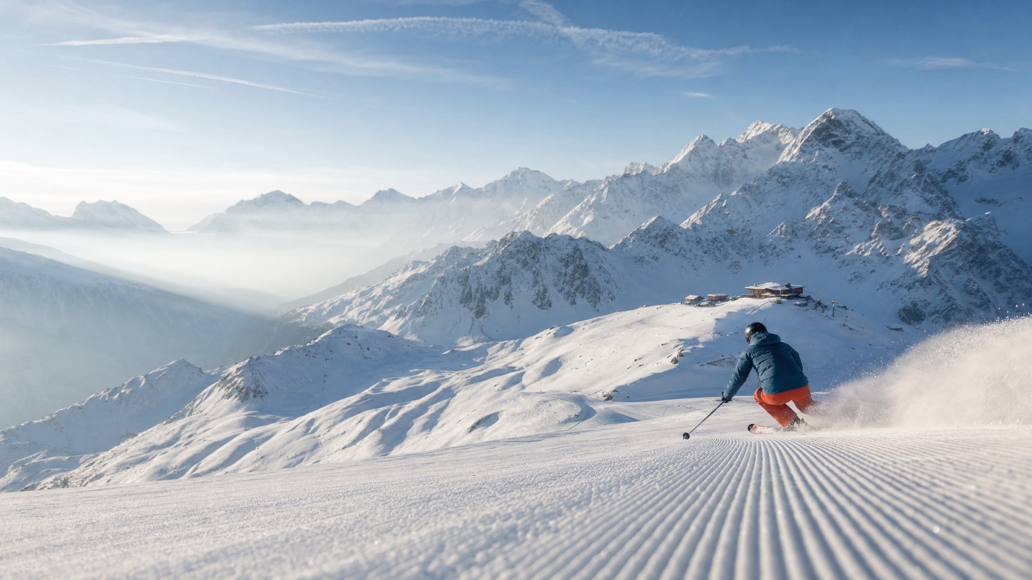 Skier carving down an alpine slope beneath snowy mountains