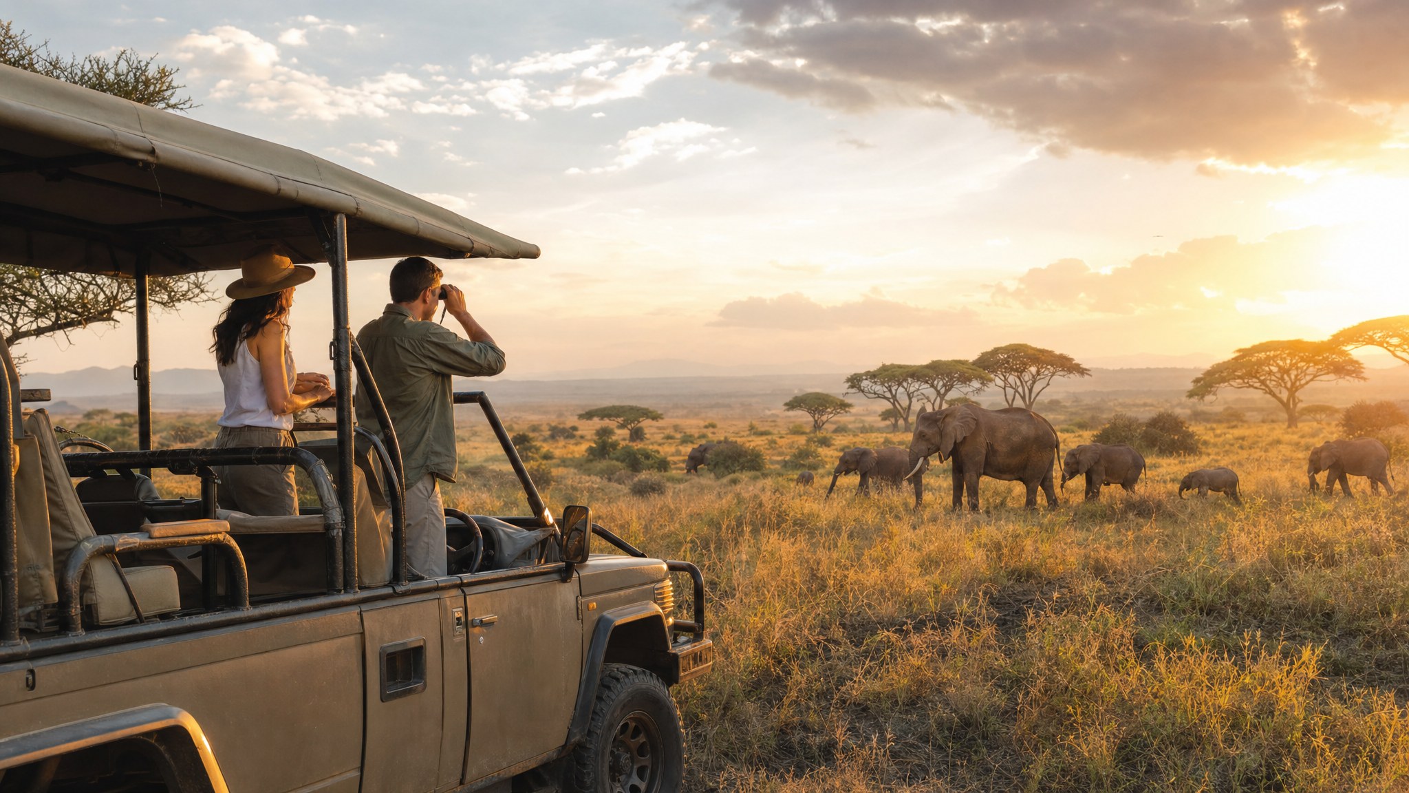 Travelers observing elephants from a safari vehicle at sunset