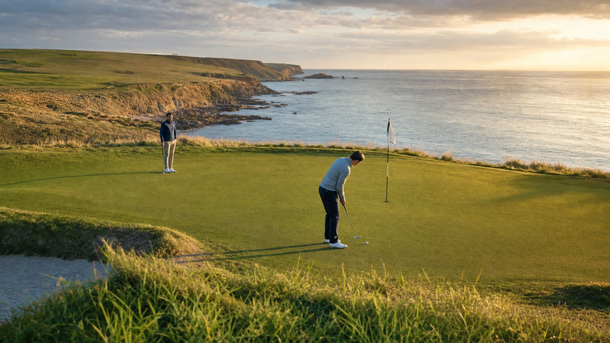 Golfers on a coastal links course at golden hour