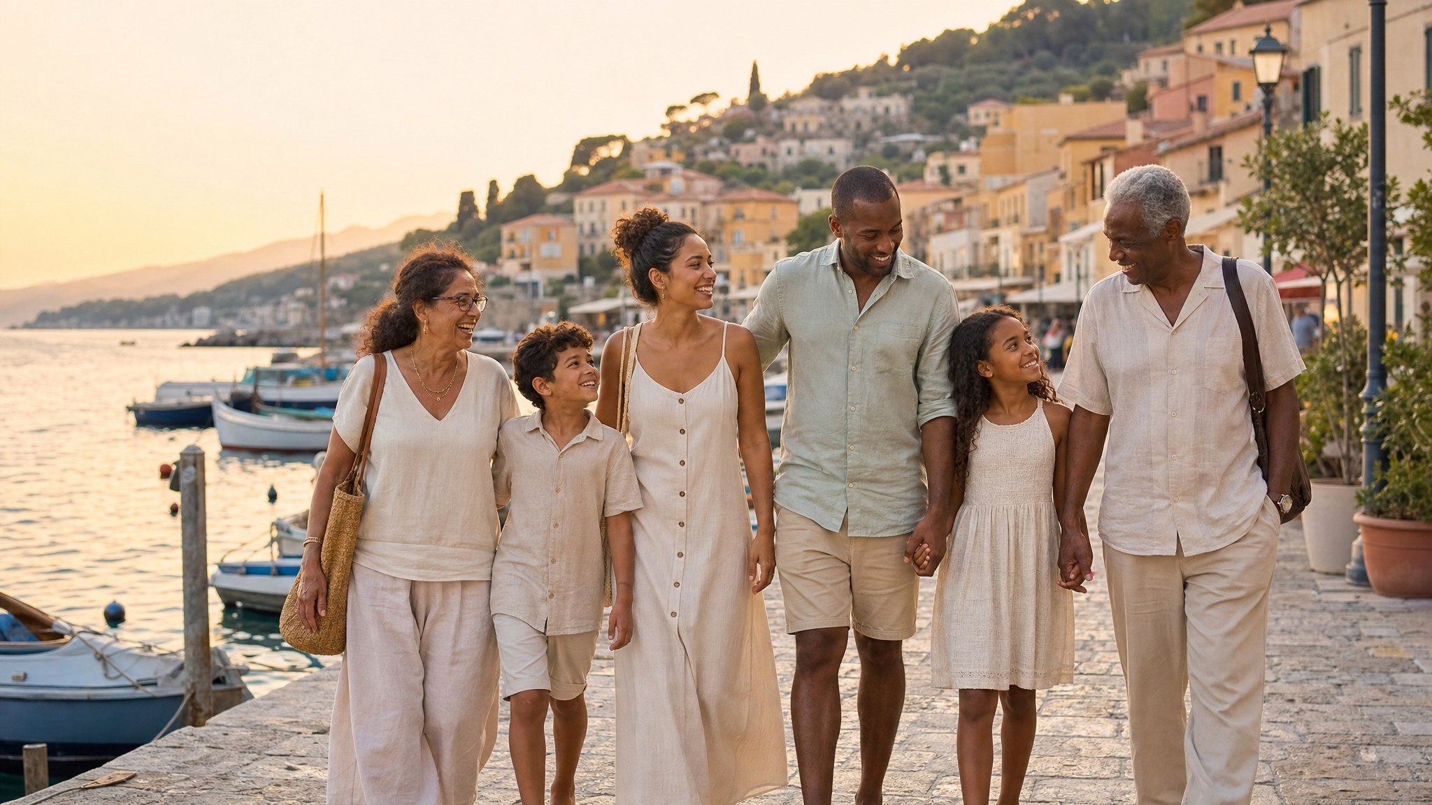 Three generations of a family walking together beside a Mediterranean harbor