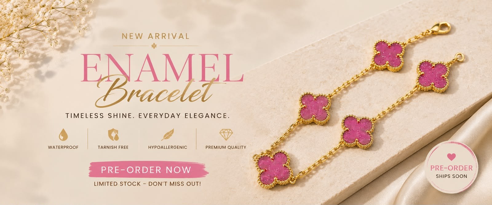 Pink enamel clover bracelet campaign from Zaree Jewelry & Beauty