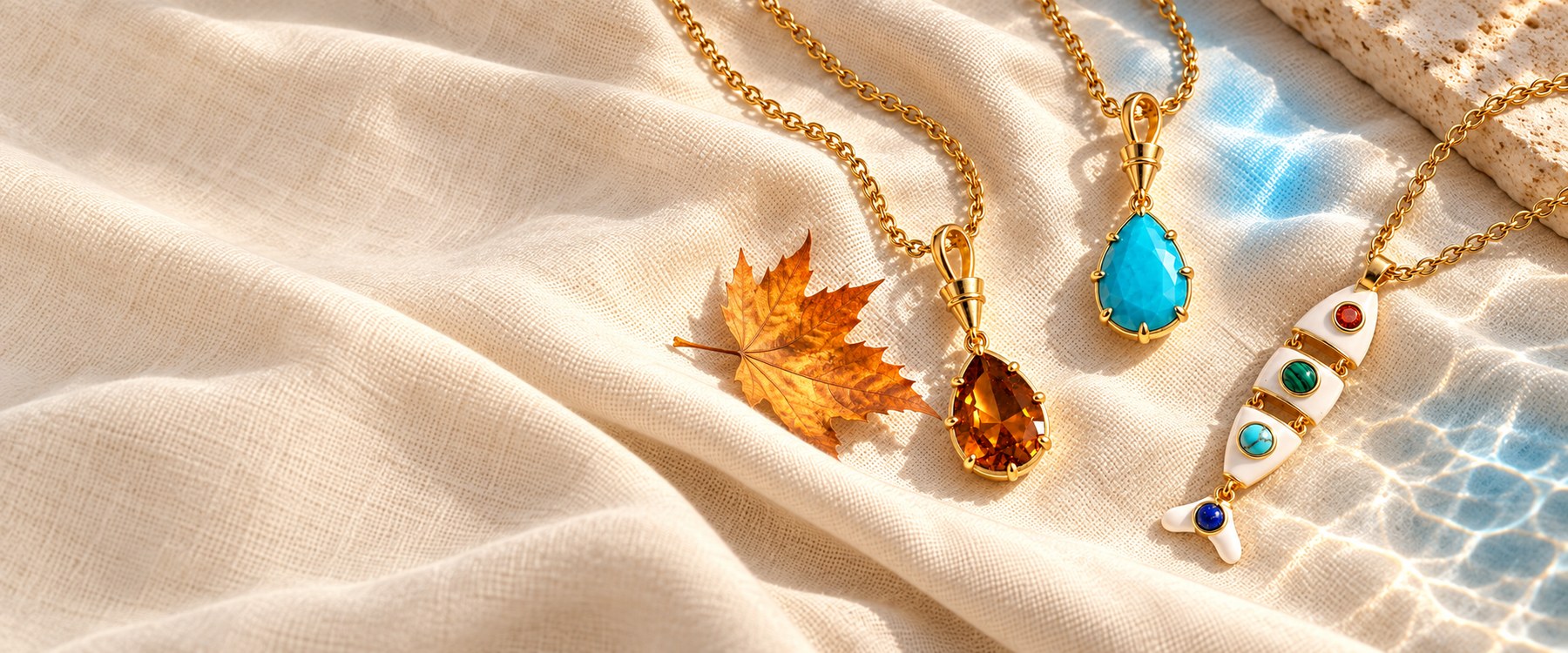 Gold necklaces with amber, turquoise and white pendants arranged on linen