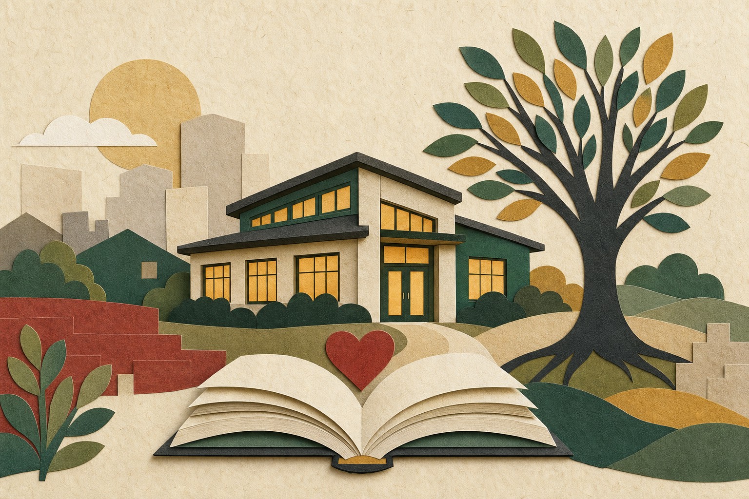Paper collage of a community center, open book, heart, and tree