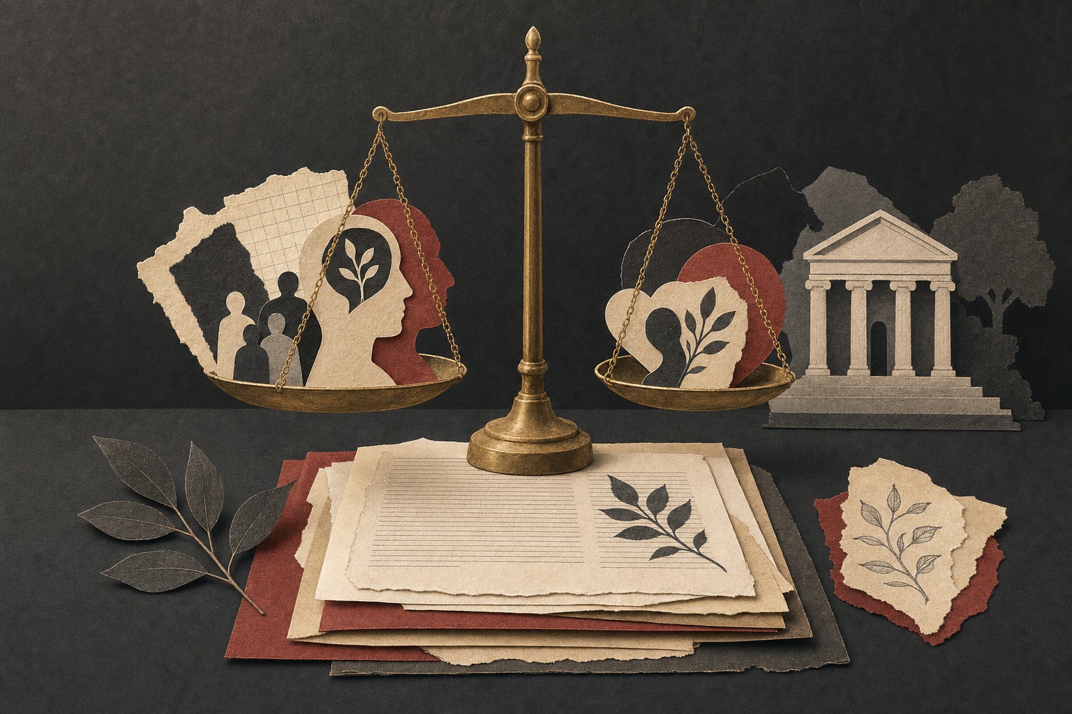 Paper collage of a balance scale, legal documents, a courthouse, and community symbols