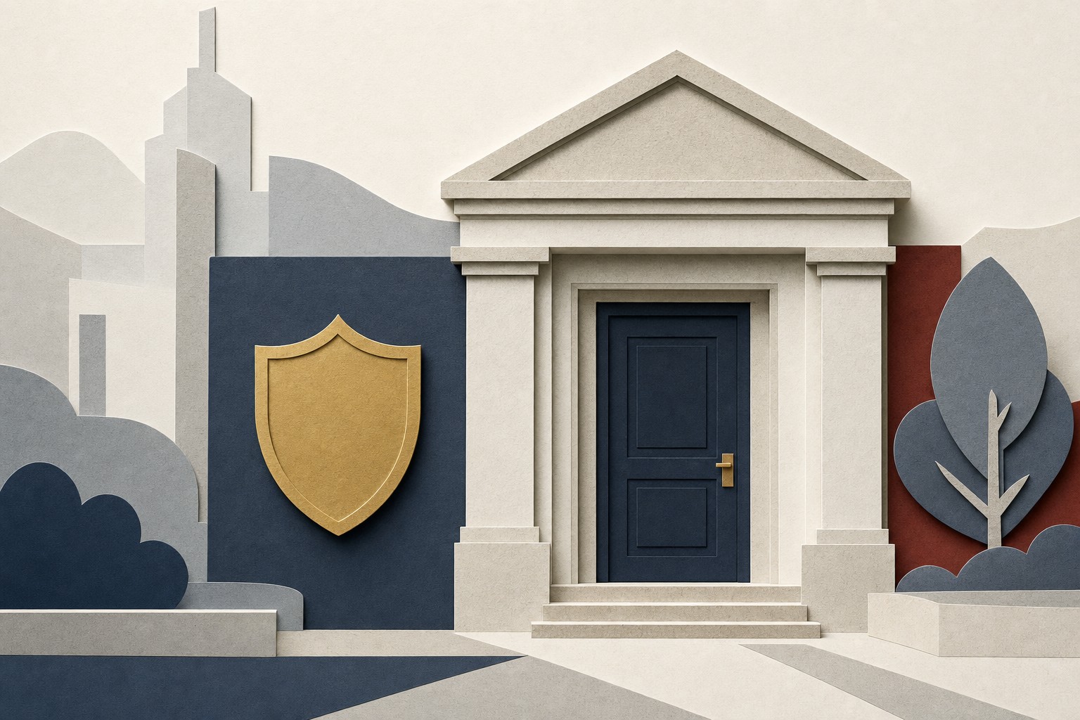 Paper collage of a civic building, a shield, and a closed door