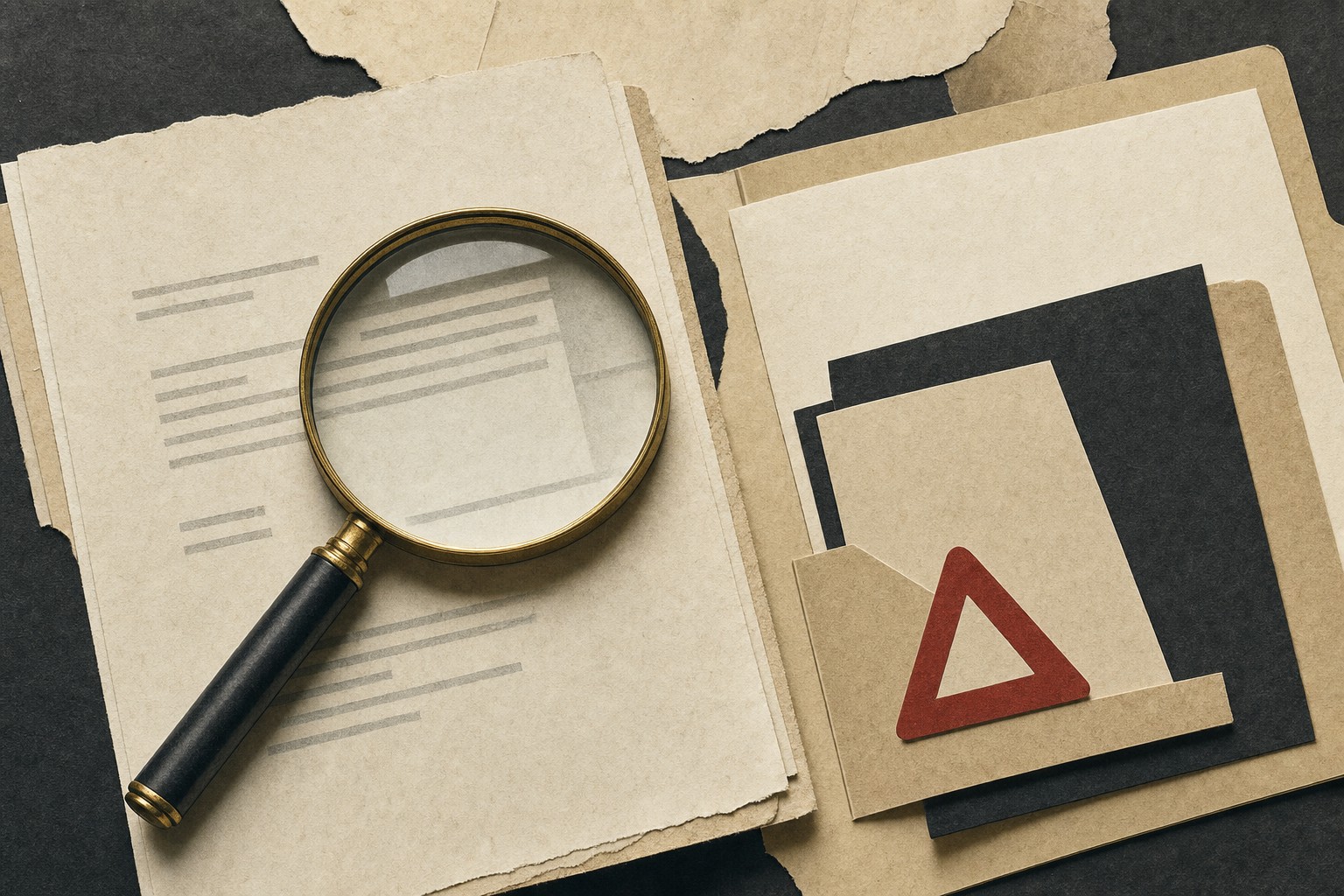 Paper collage of a magnifying glass, legal files, and a warning marker