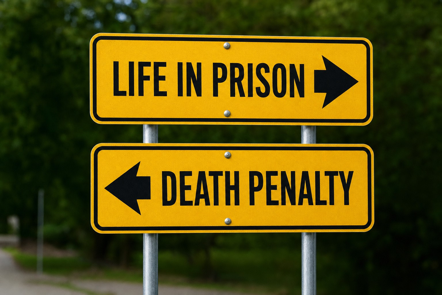 Directional signs pointing toward life in prison and the death penalty