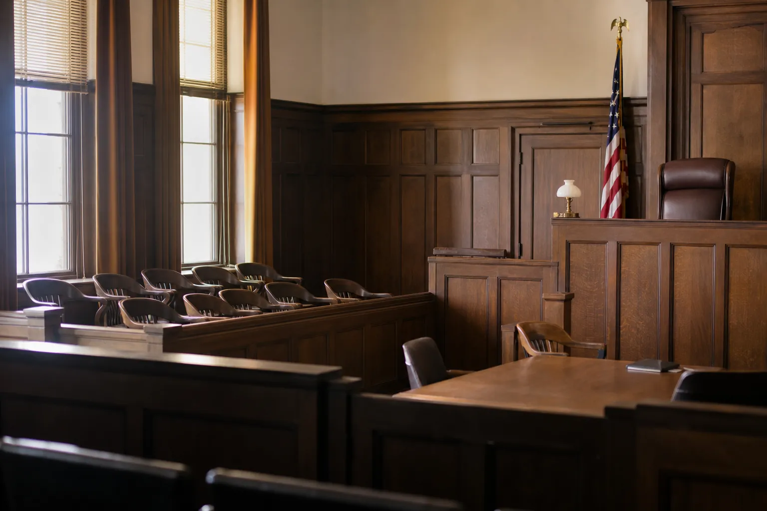 Empty jury box and judge's bench in a wood-paneled courtroom