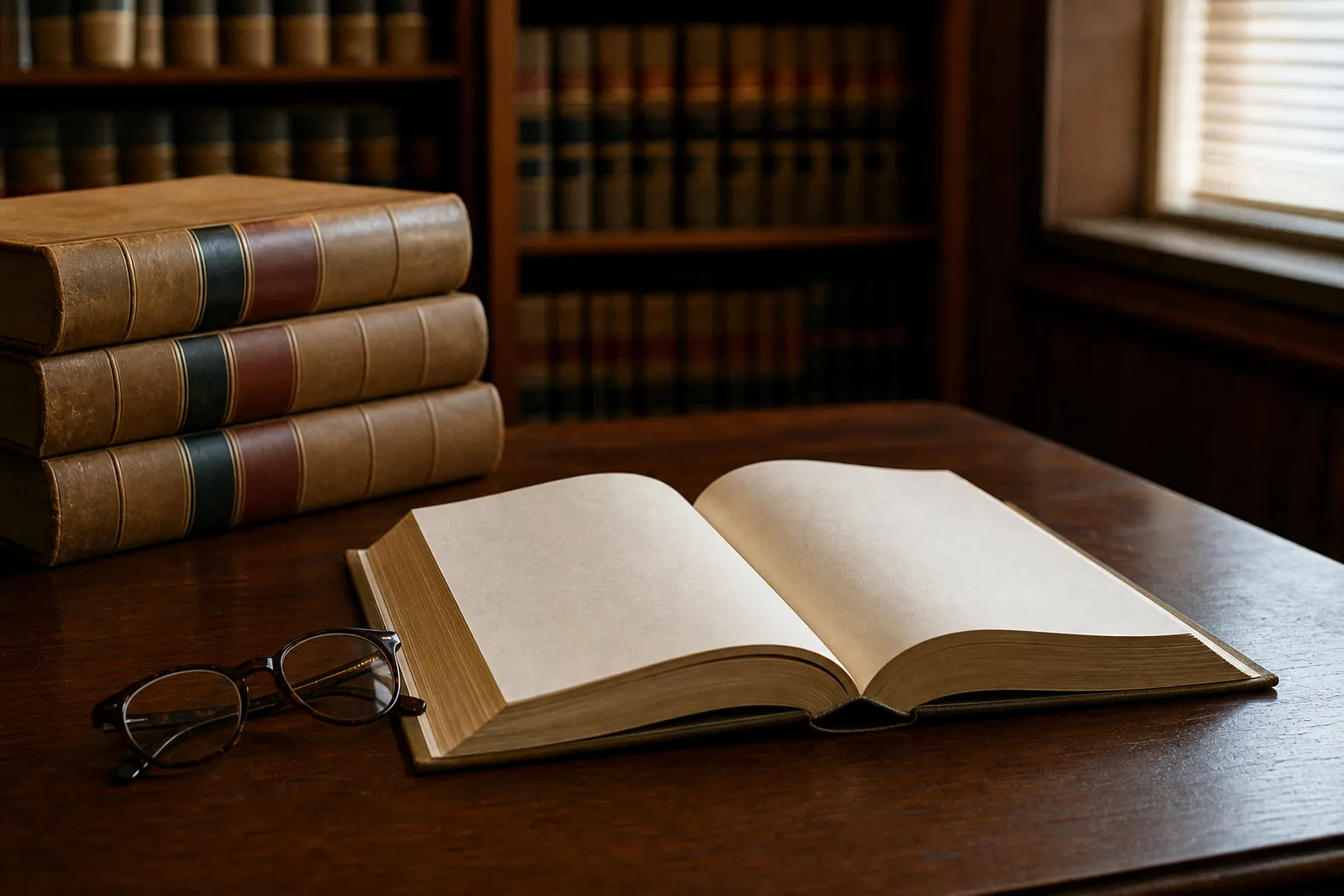 Open legal volume and reading glasses on a law library table