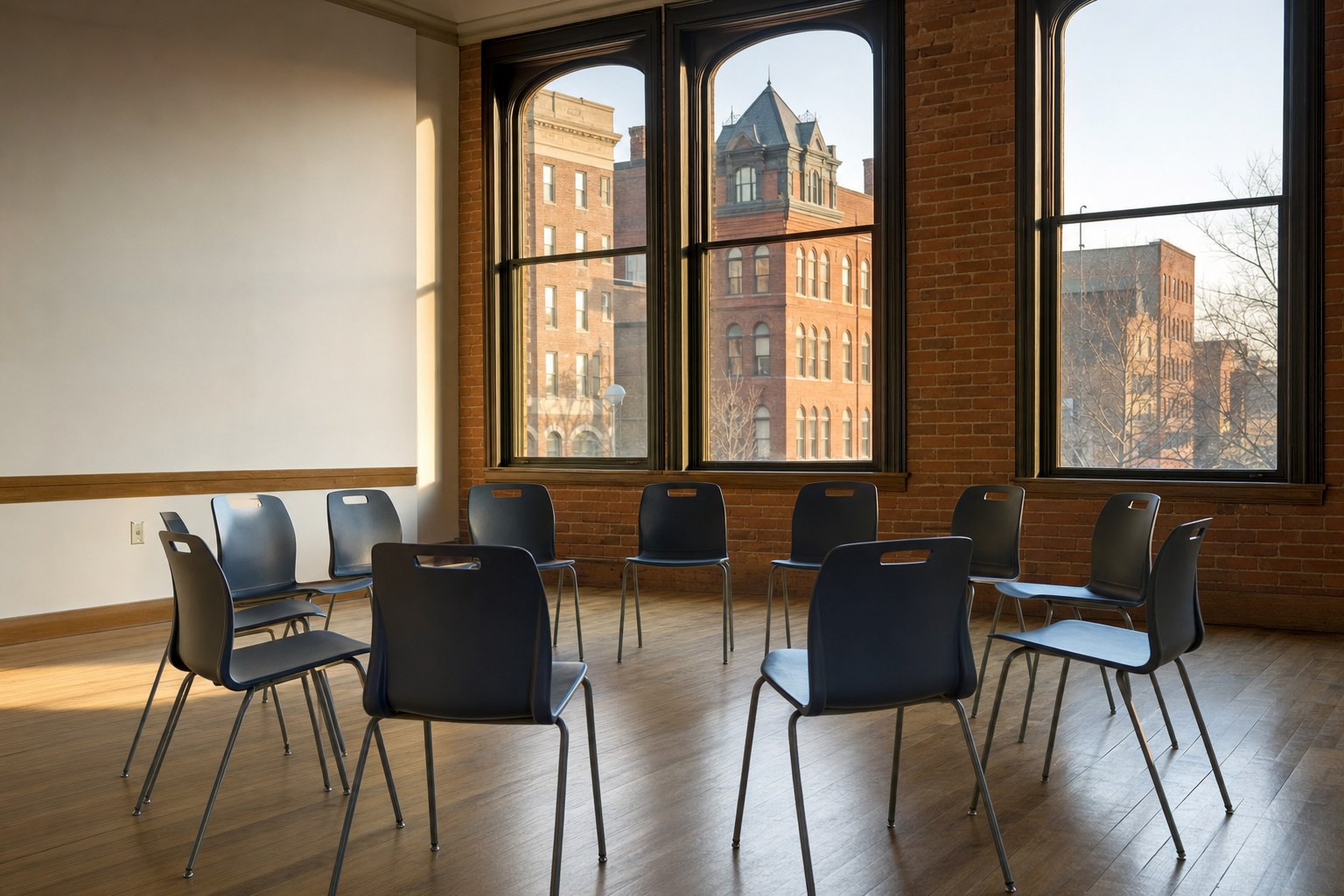Empty circle of chairs in a Buffalo community meeting room