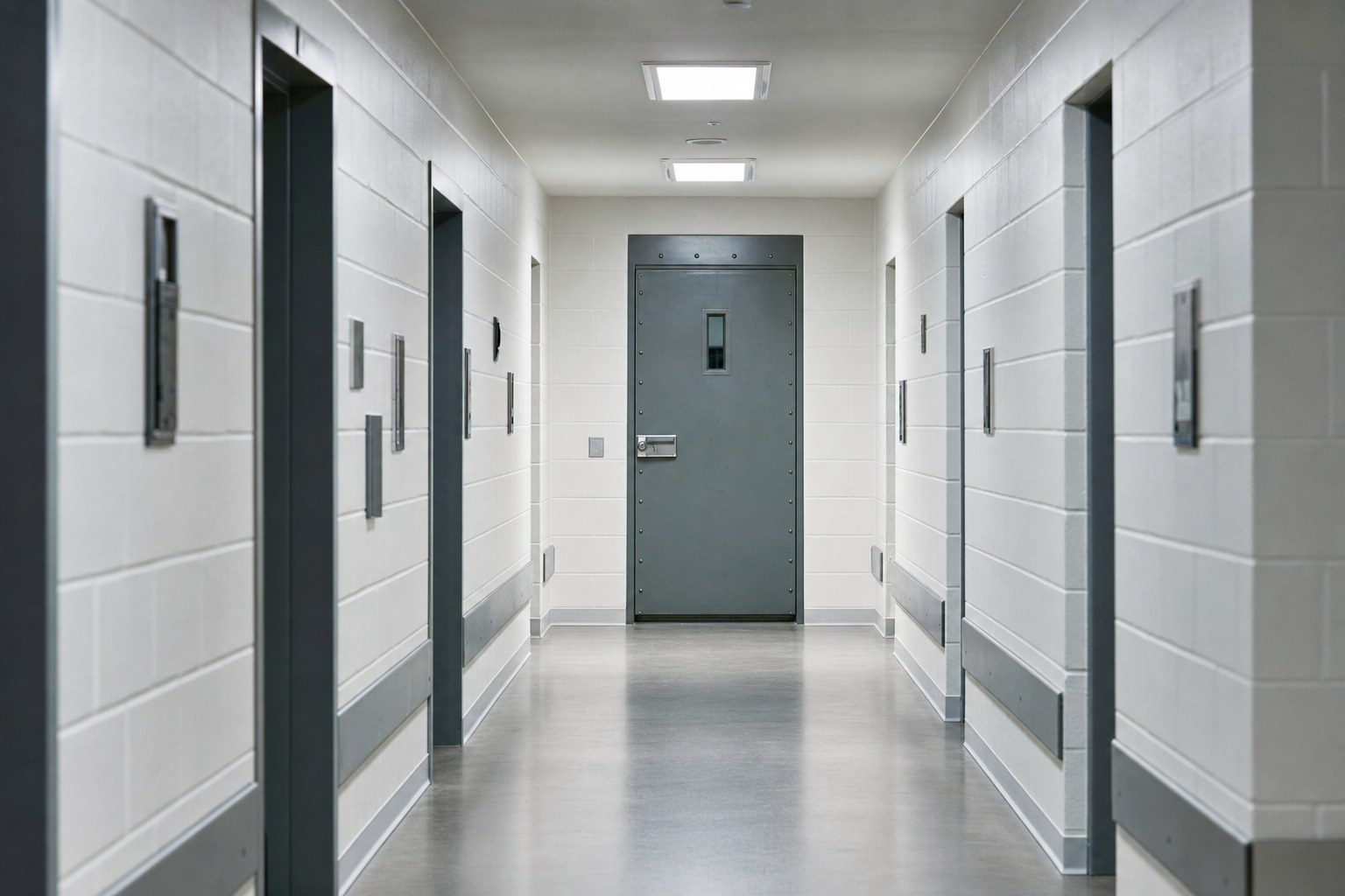 Empty secure correctional corridor ending at a closed reinforced door