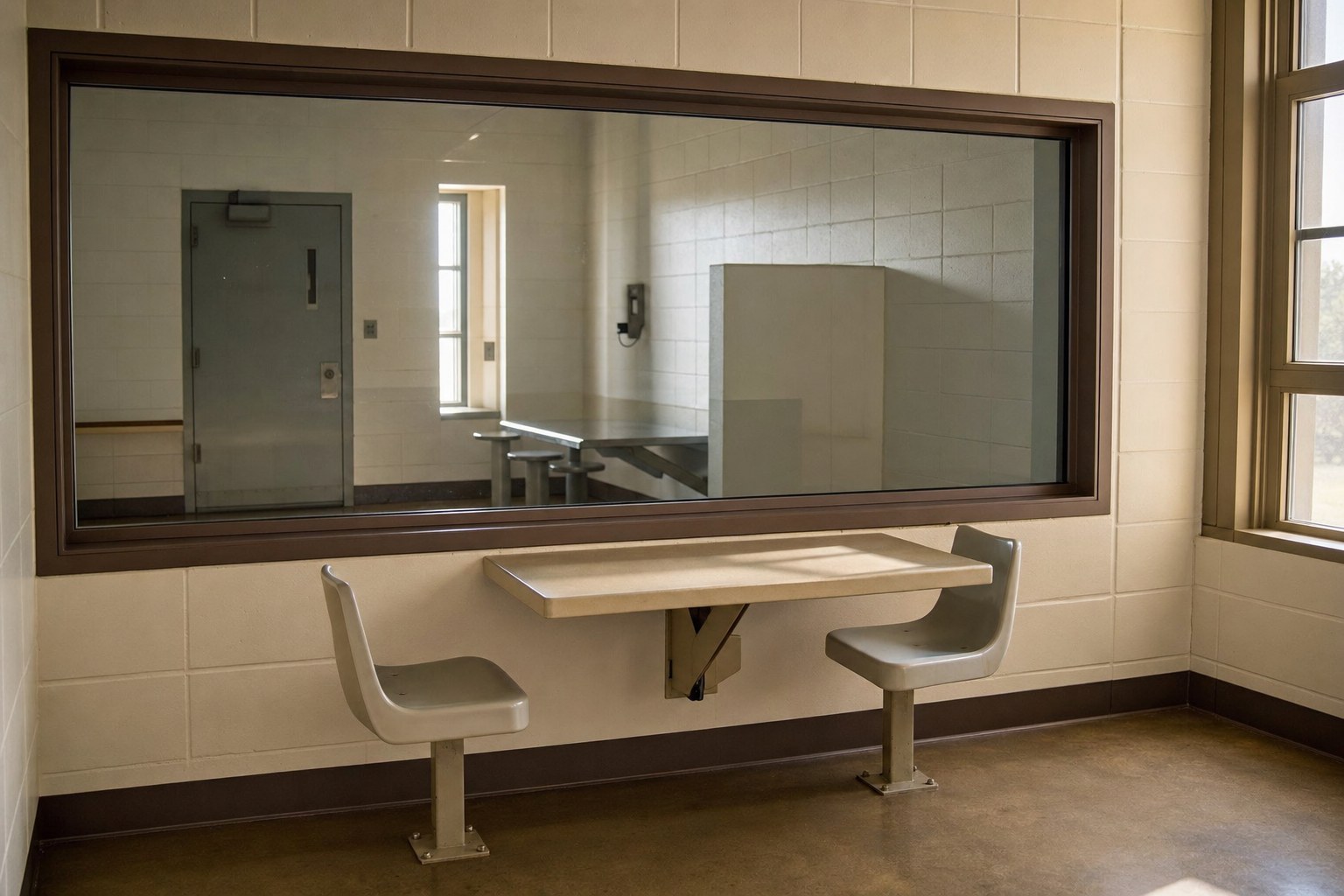 Empty prison visitation room with a table, two chairs, and a glass partition