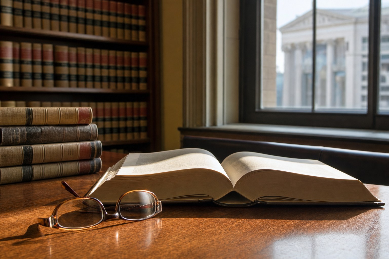 Open legal book and reading glasses on a law library table beside a courthouse window