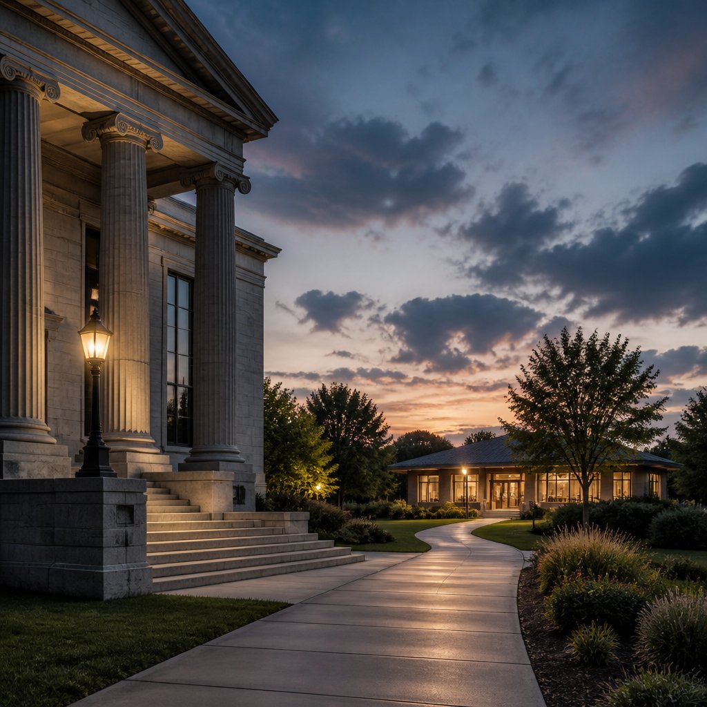Courthouse exterior at dusk with a path toward a warmly lit community building