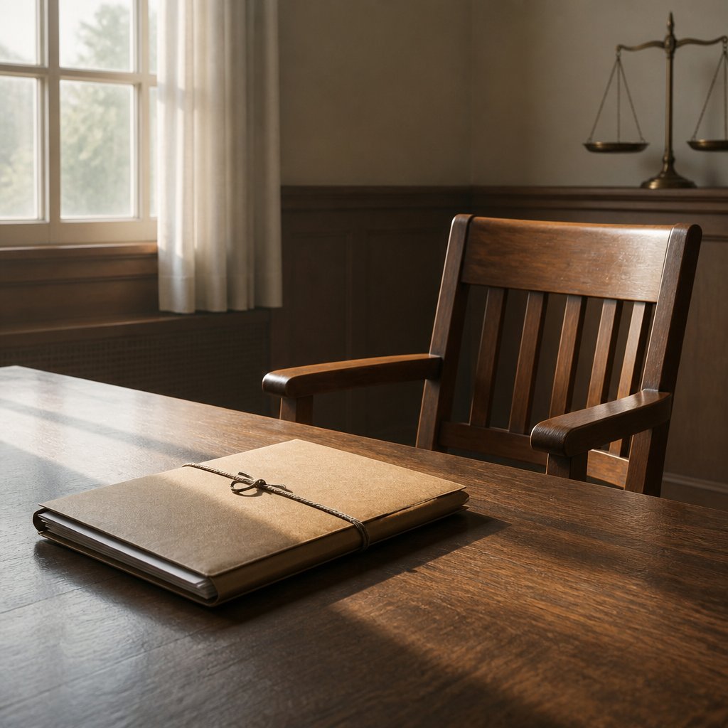 Empty wooden chair and closed case file in a courthouse consultation room