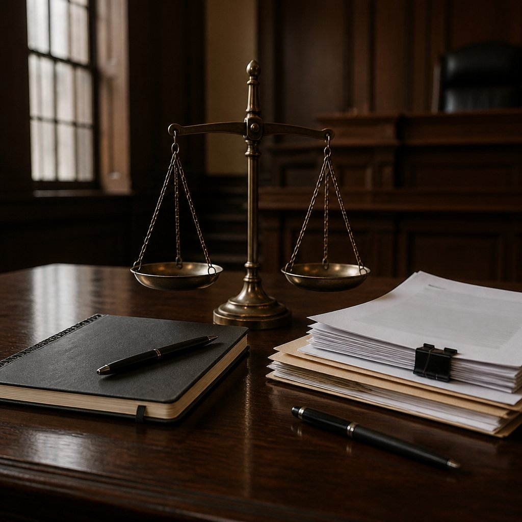 Justice scales, court papers, and a notebook on a courthouse table