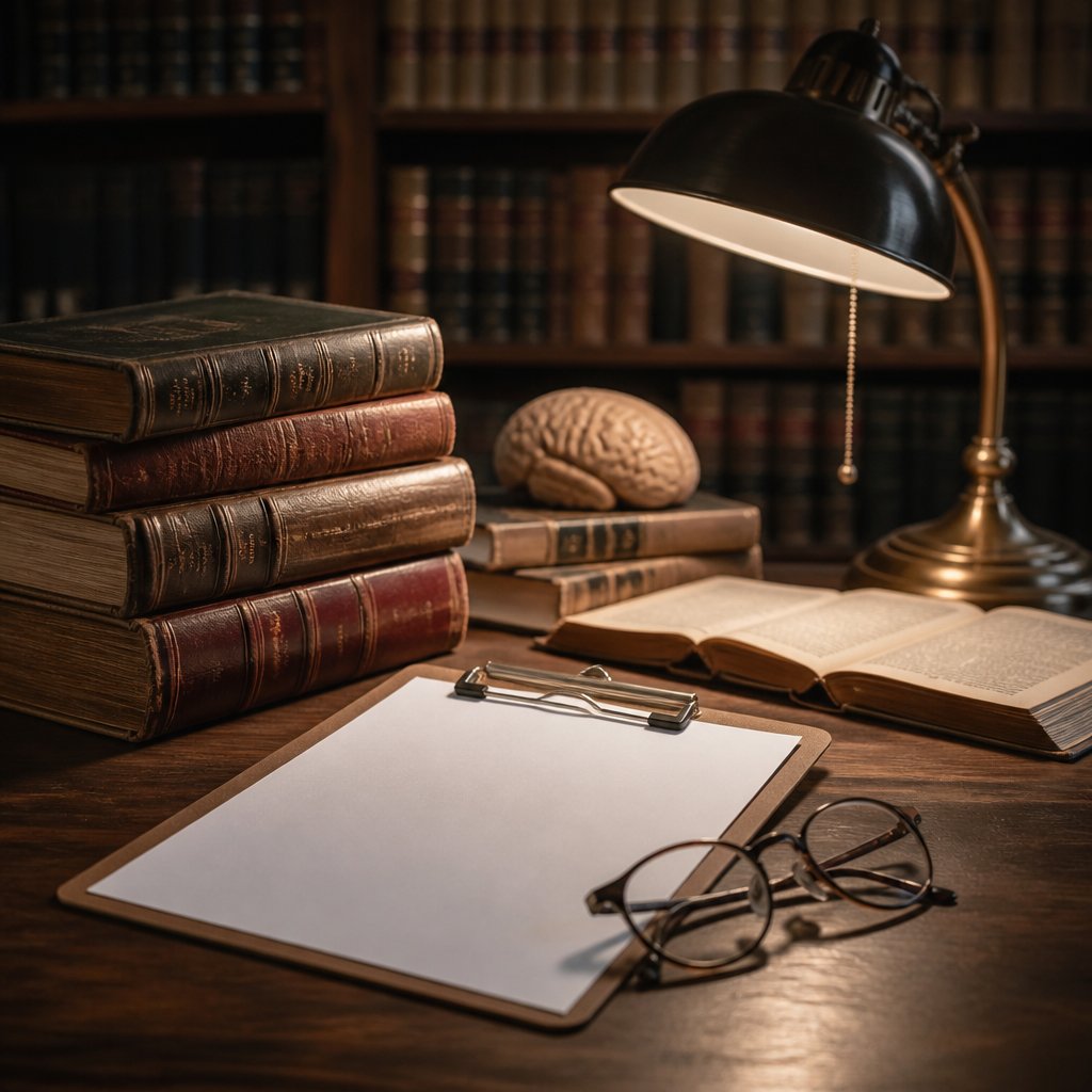 Legal books and a blank medical clipboard on a research table