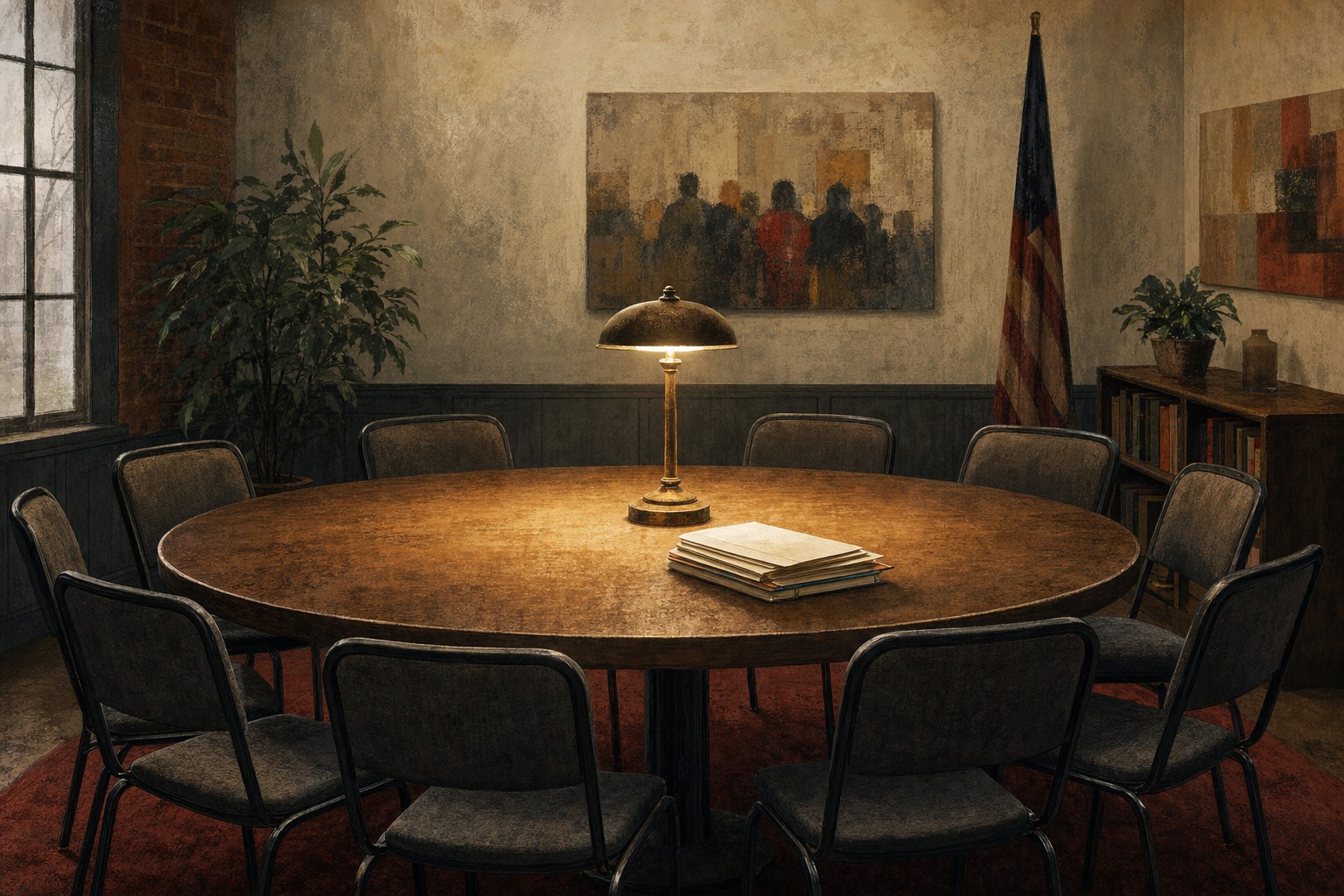 Empty chairs around a community meeting table