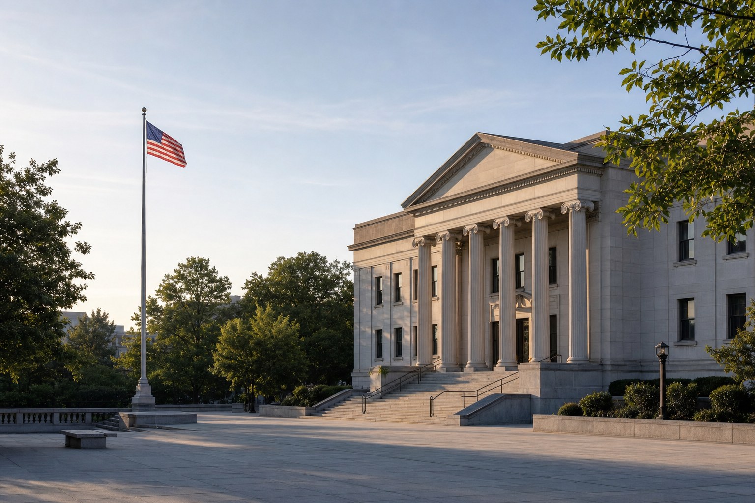 A courthouse and United States flag in morning light