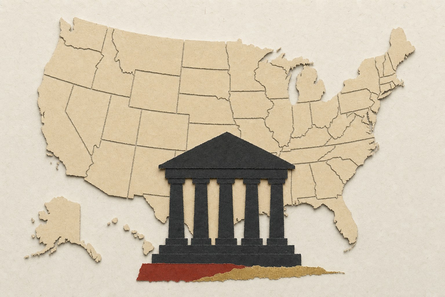 Paper collage of a United States map and a courthouse