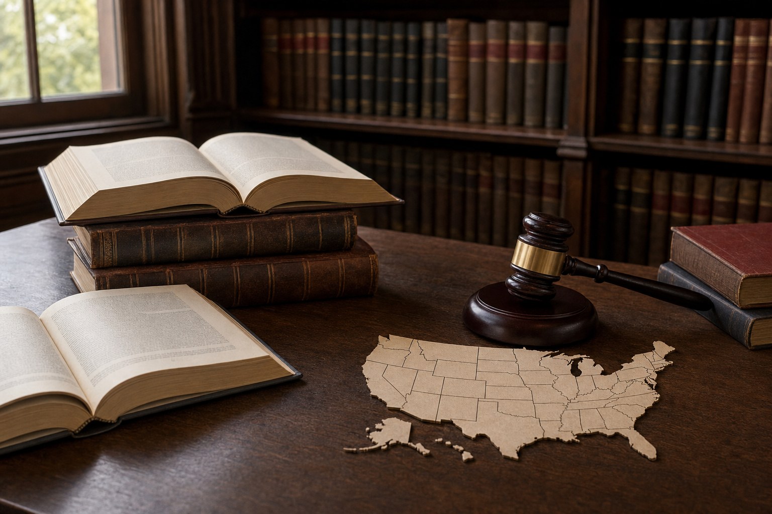 Law books and a gavel beside a blank United States map