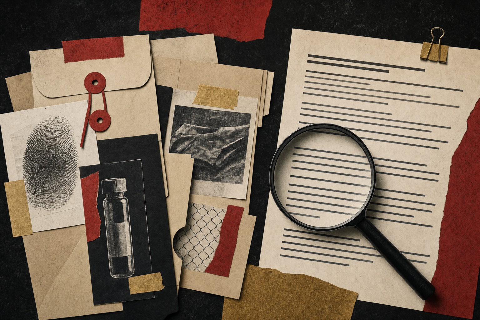 Paper collage of evidence envelopes, a fingerprint card, a vial, and a magnifying glass